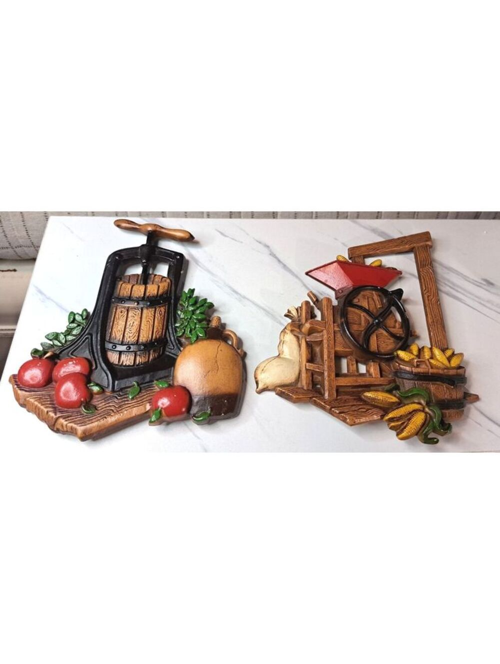 Vintage Rustic Cottage 1970's Homco Farmhouse Cider Press Kitchen Wall Plaques
